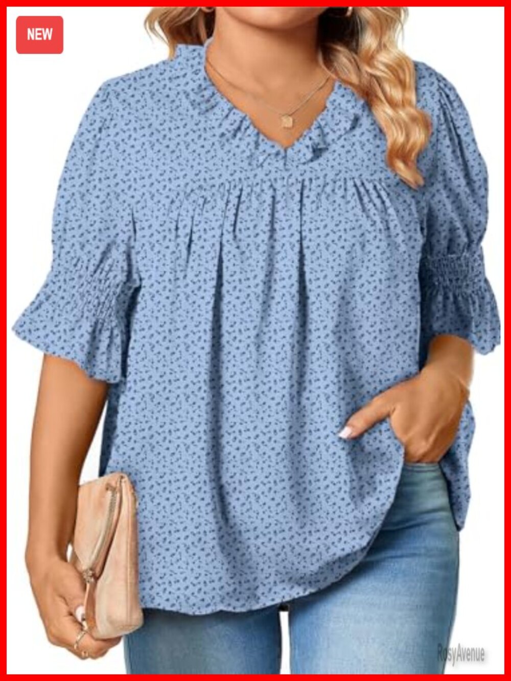 Plus Size Boho Chiffon Floral Blouse with V-Neck & Ruffle Sleeves